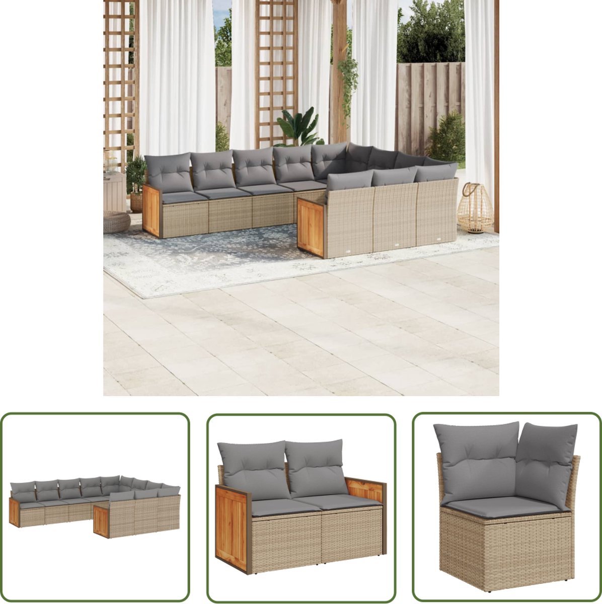 Loungeset van beige poly rattan met kussens voor tuinmeubilair.