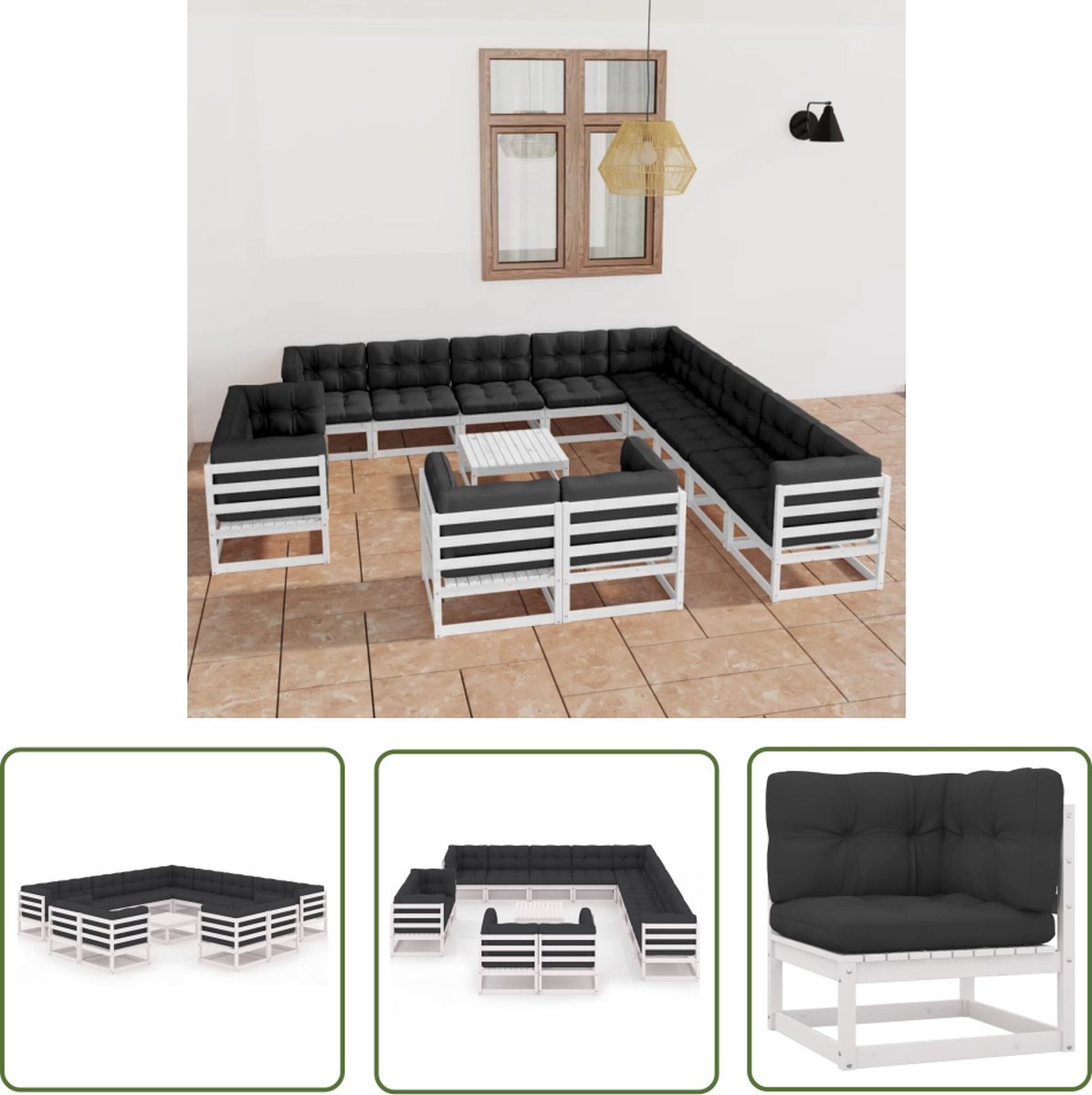 14-delige witte loungeset van massief grenenhout met kussens - The Living Store.