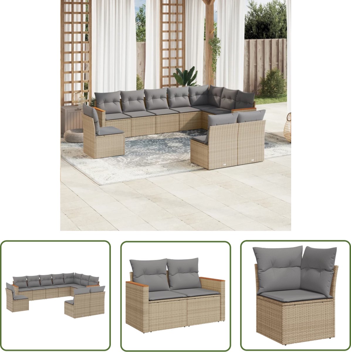 The Living Store 10-delige Loungeset met kussens poly rattan gemengd beige - Loungebank - Tuinset - Lounge Set - Buitendecoratie - Tuinmeubels