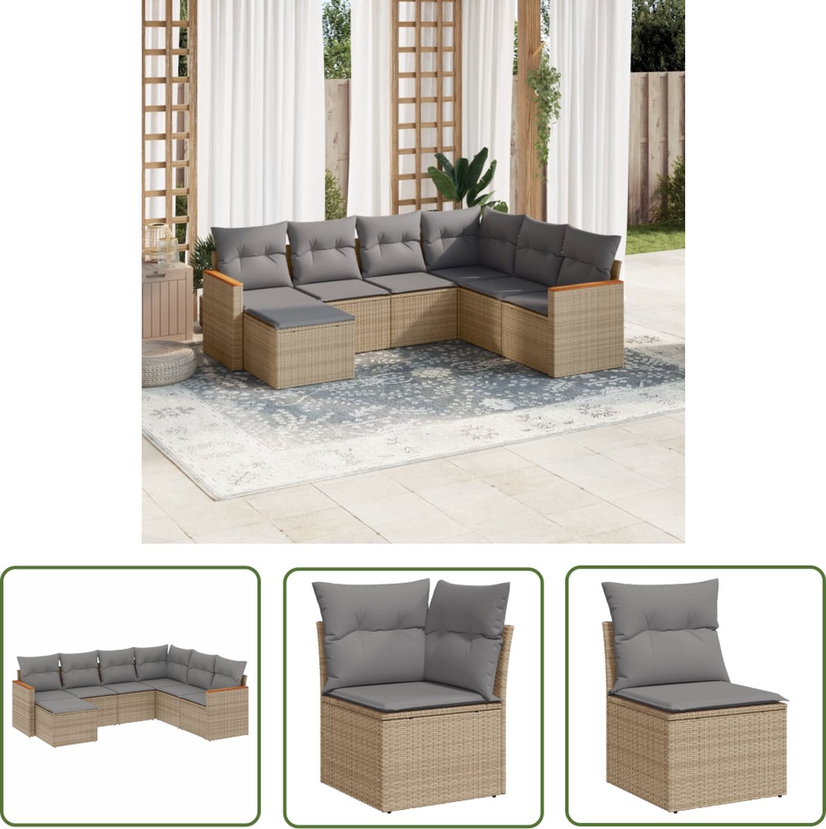 The Living Store 7-delige Loungeset met kussens poly rattan gemengd beige - Loungeset - Set Tuinset - Lounge Set - Tuinmeubels - Outdoor Furniture