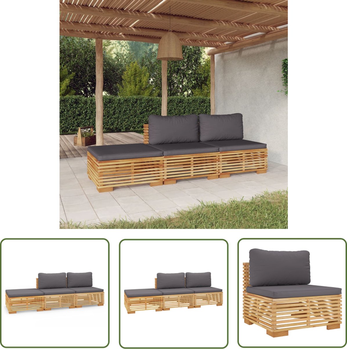The Living Store 3-delige Loungeset met kussens massief teakhout - Loungeset - Teak Hout - Tuinset - Lounge Bank - Buitendecor