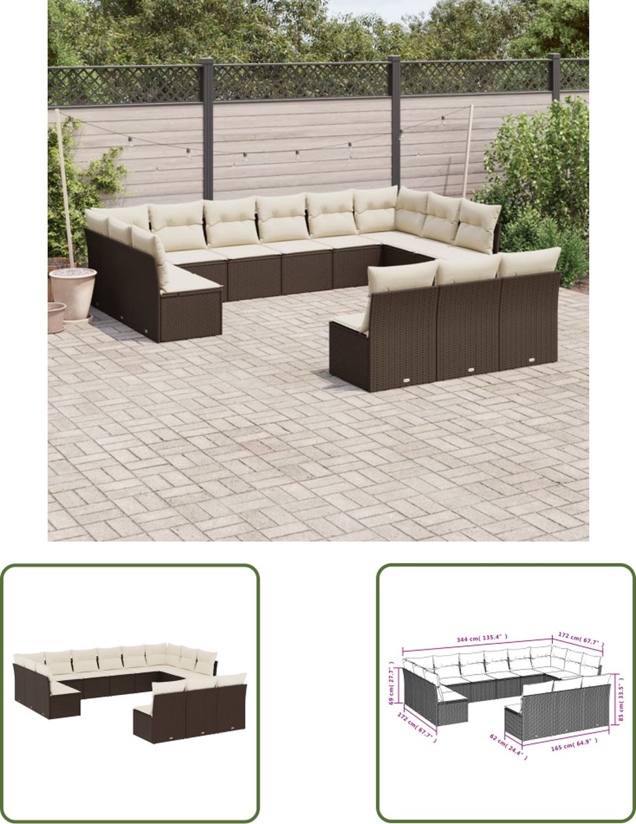 13-delige loungeset met bruine poly rattan kussens voor tuin en terras.