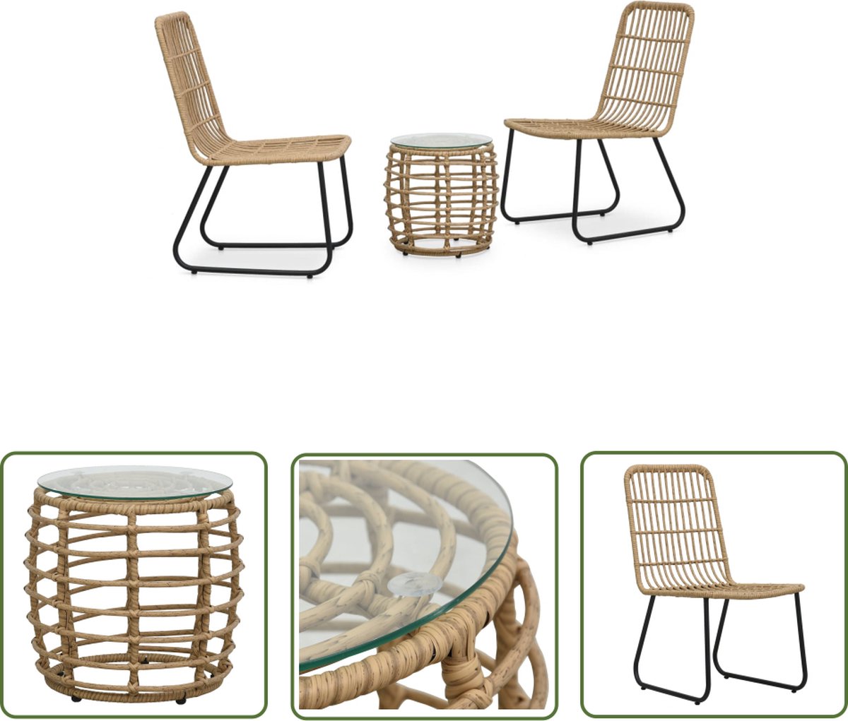 The Living Store 3-delige Bistroset poly rattan eikenkleurig - Tuinmeubels - Bistroset - Outdoor Meubilering - Patio Set - Balkon Set