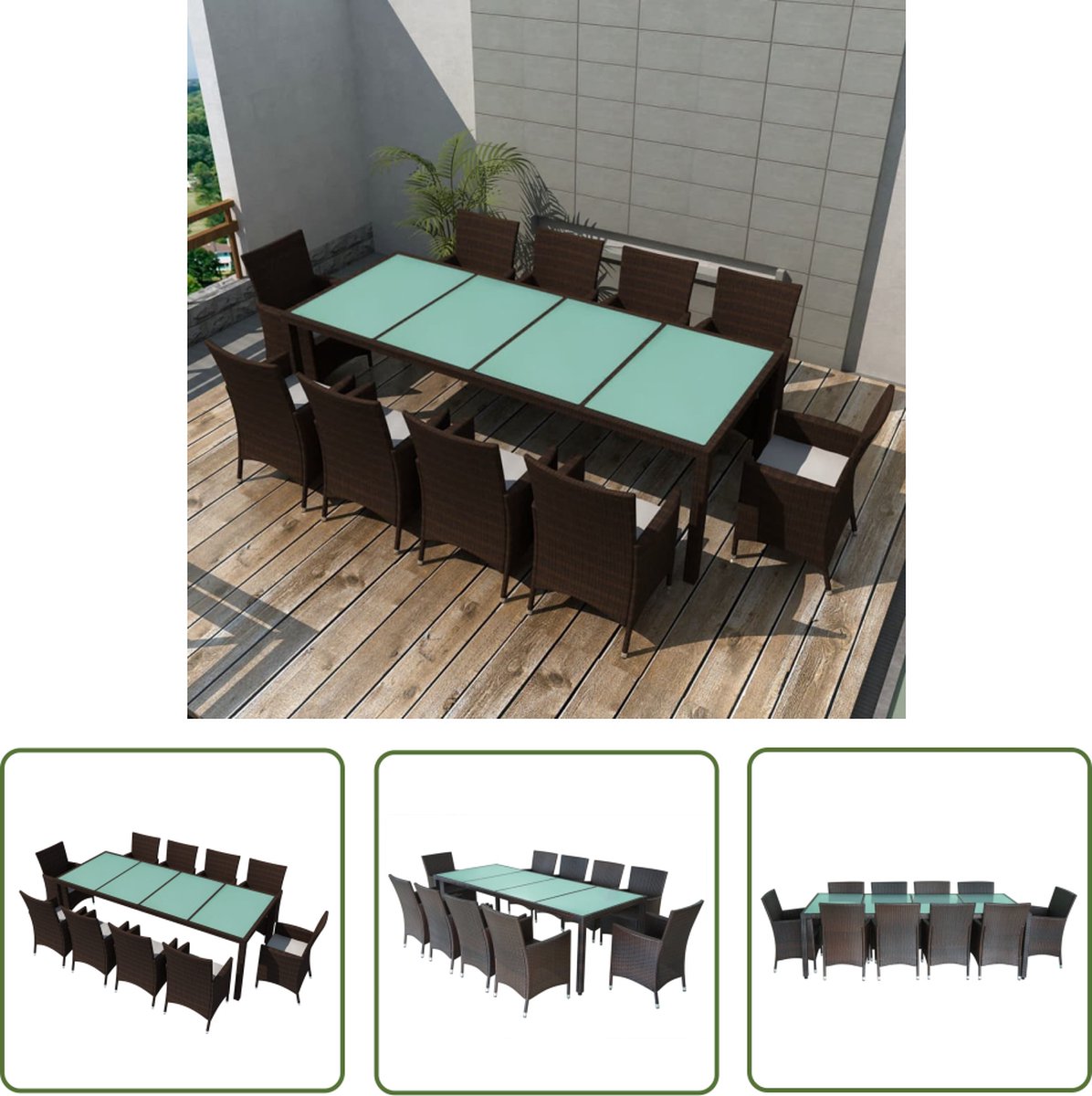 The Living Store 11-delige Tuinset met kussens poly rattan bruin - Tuinmeubles - Eetkamerstoel - Buitentafel - Lounge Set - Ratan Meubels