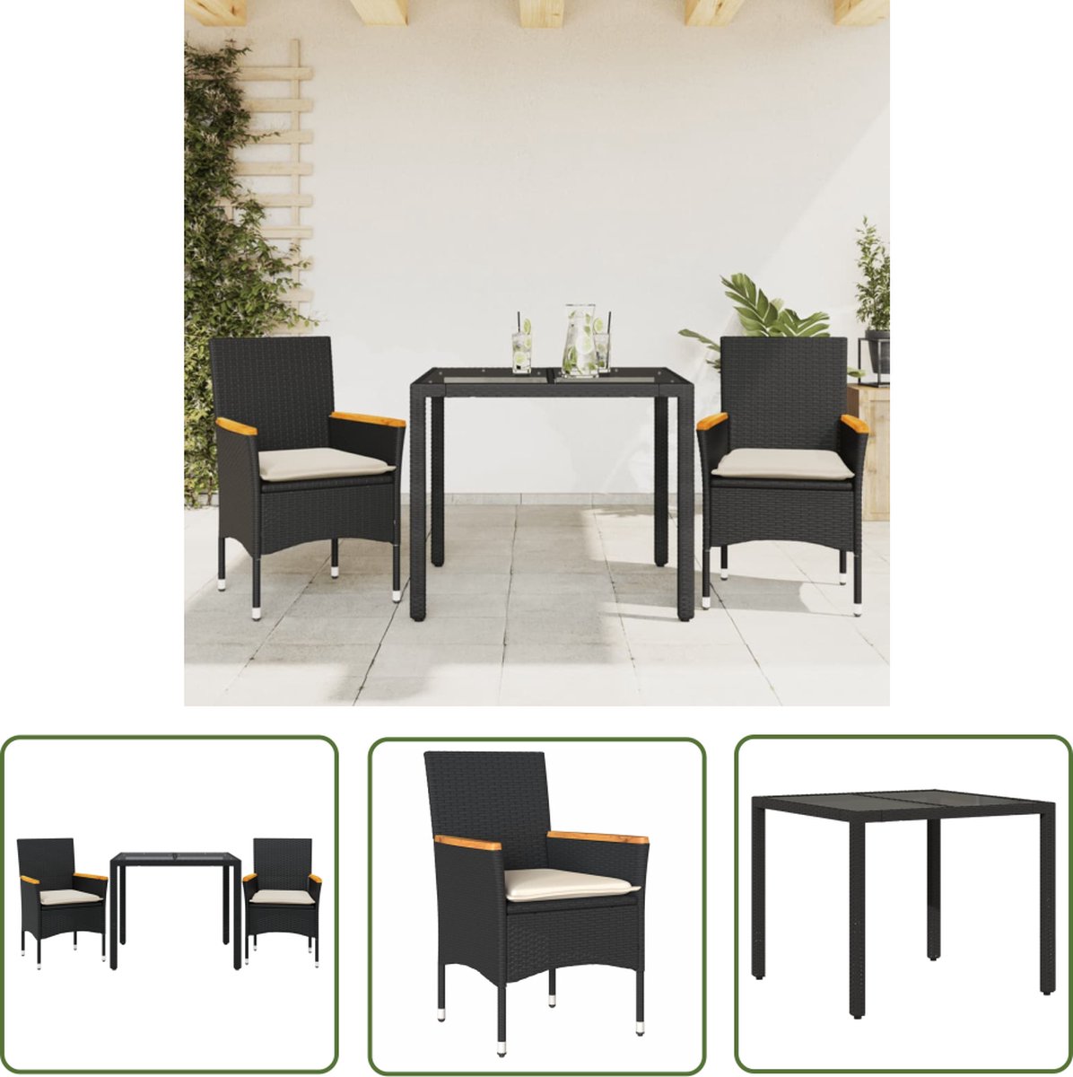 Tuinset met zwart poly rattan, kussens en glazen tafel - The Living Store.