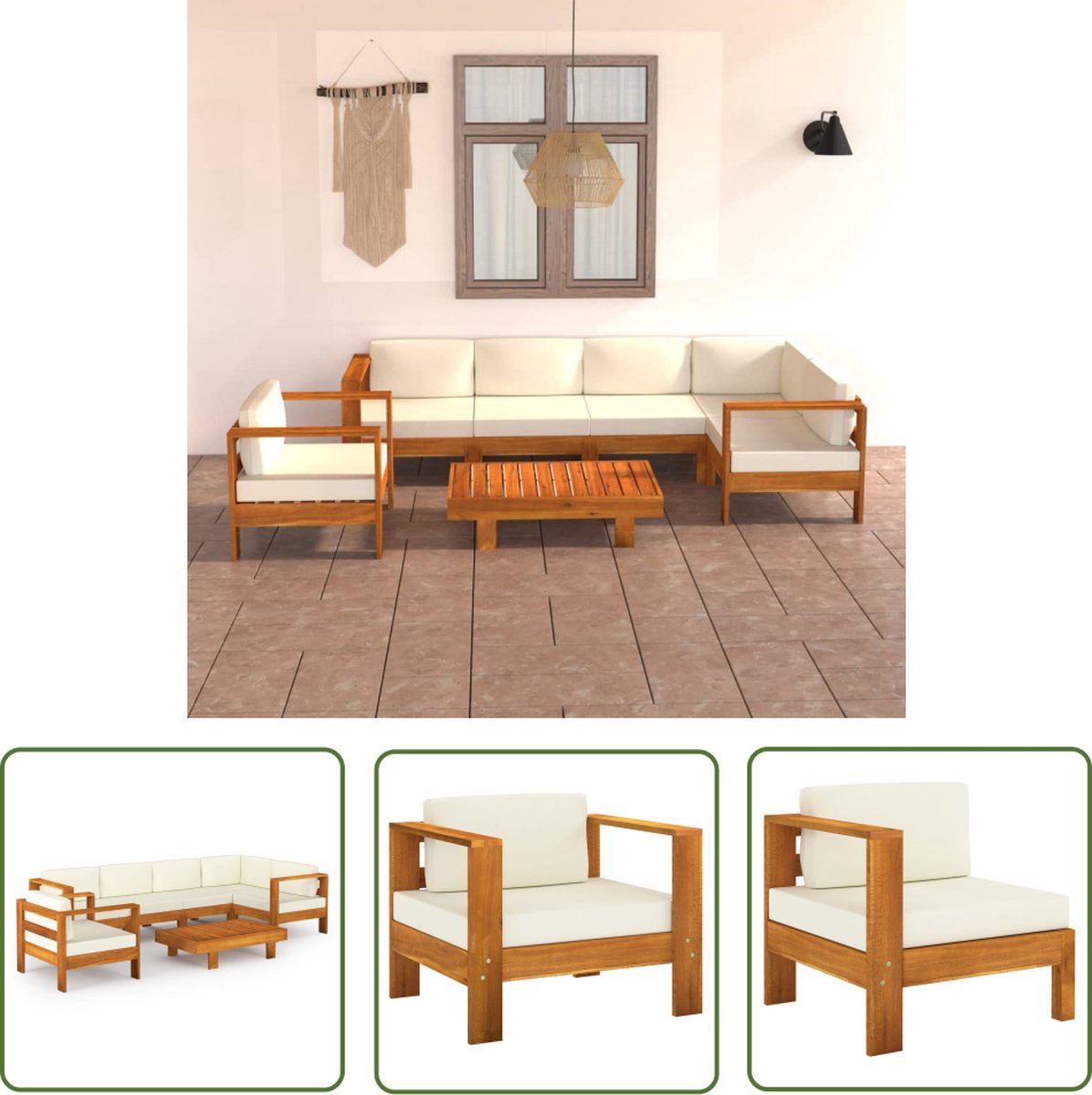 Tuinset van acaciahout met crèmewitte kussens - Buitendecoratie - The Living Store.