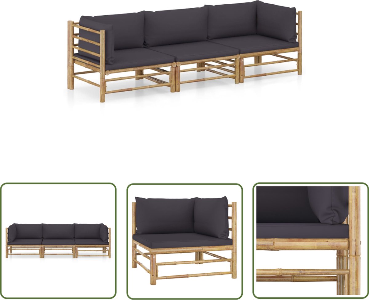 The Living Store 3-delige Loungeset met donkergrijze kussens bamboe - Bamboelusje - Loungestoel - Buitendining - Tuinlounge - Tuinmeubles