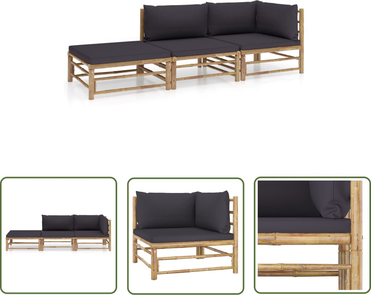 The Living Store 3-delige Loungeset met donkergrijze kussens bamboe - Bamboelus - Loungebank - Tuinlounge - Buitendining - Outdoor Living