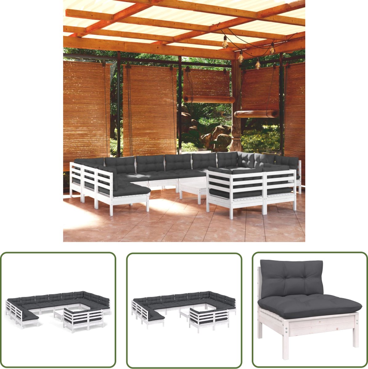 The Living Store 13-delige Loungeset met kussens grenenhout wit - Loungeset - Tuinset - Hout - Grenenhout - Witte Lounge