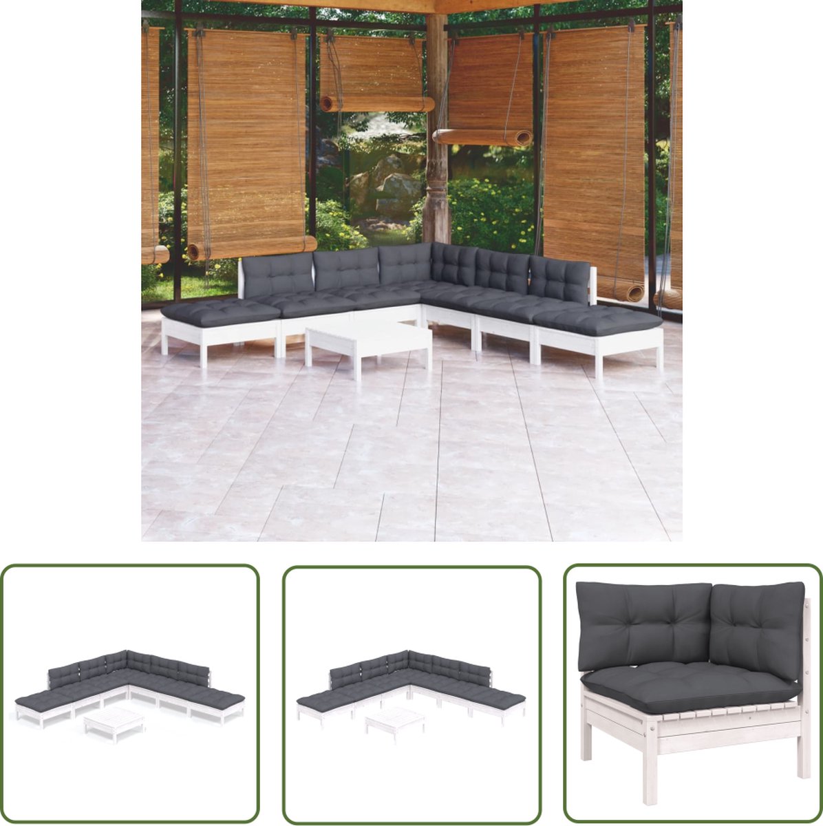 The Living Store 8-delige Loungeset met kussens grenenhout wit - Loungeset - Tuinset - Hout - Grenenhout - Lounge