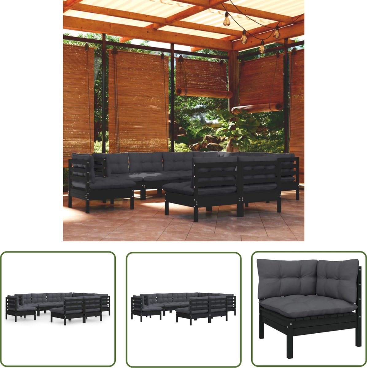 The Living Store 9-delige Loungeset met kussens massief grenenhout zwart - Loungeset - Tuinset - Houten Lounge - Buitendecor - Tuinmeubel