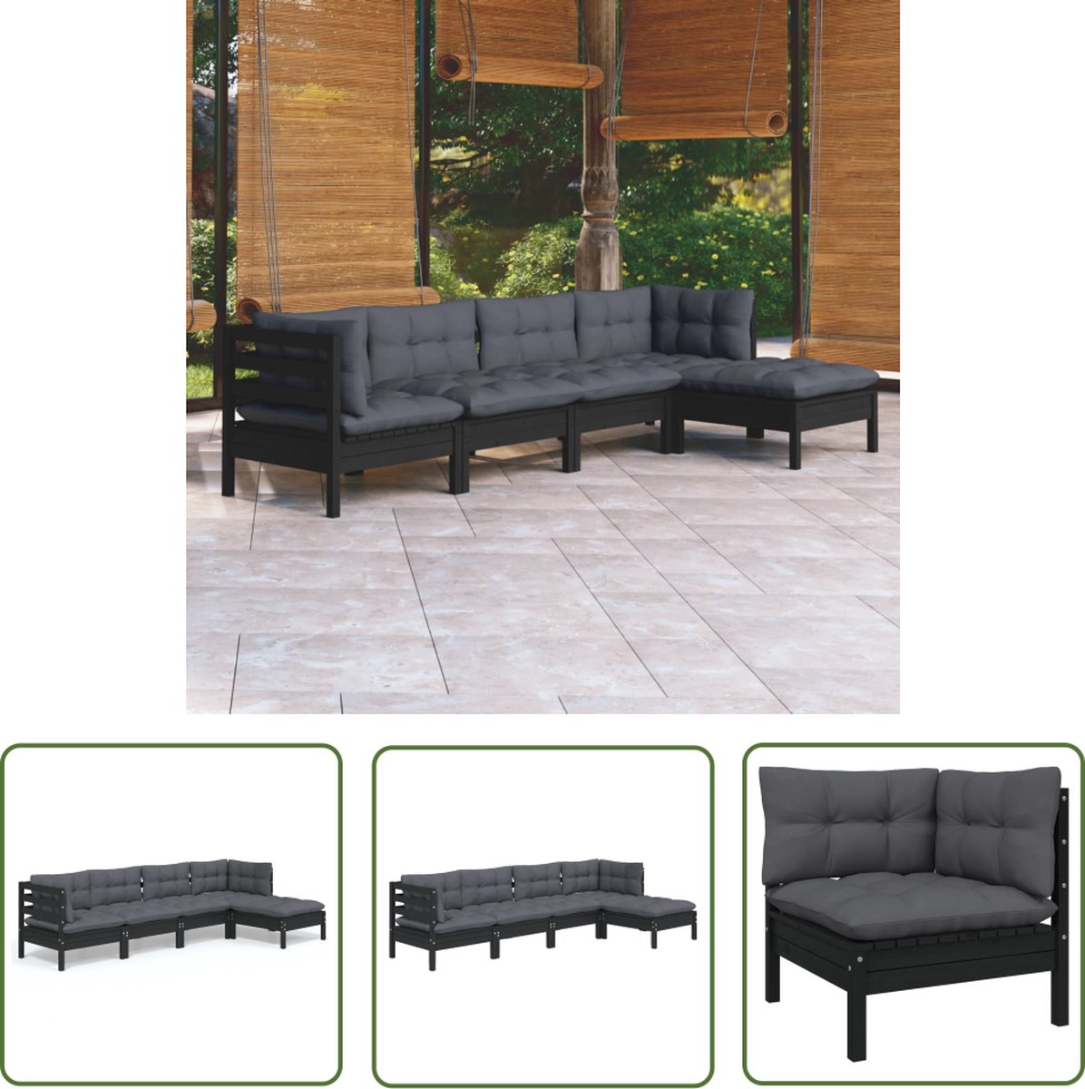 Zwart grenenhouten loungeset met kussens voor tuinmeubels - The Living Store.
