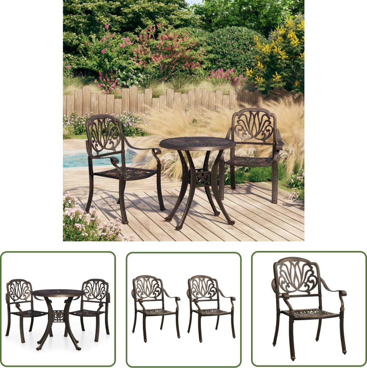 The Living Store 3-delige Bistroset gietaluminium bronskleurig - Bistroset - Tuinset - Buitentijnen - Tuinmeubels - Aluminium