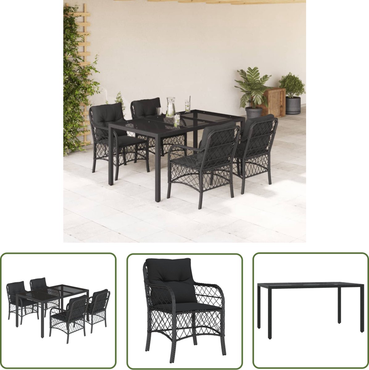 Tuinset met poly rattan zwart, inclusief kussens - The Living Store.