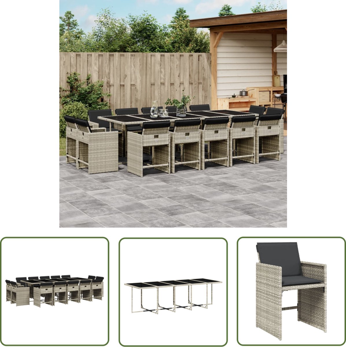 Poly rattan tuinset met lichtgrijze kussens en eettafel - The Living Store.