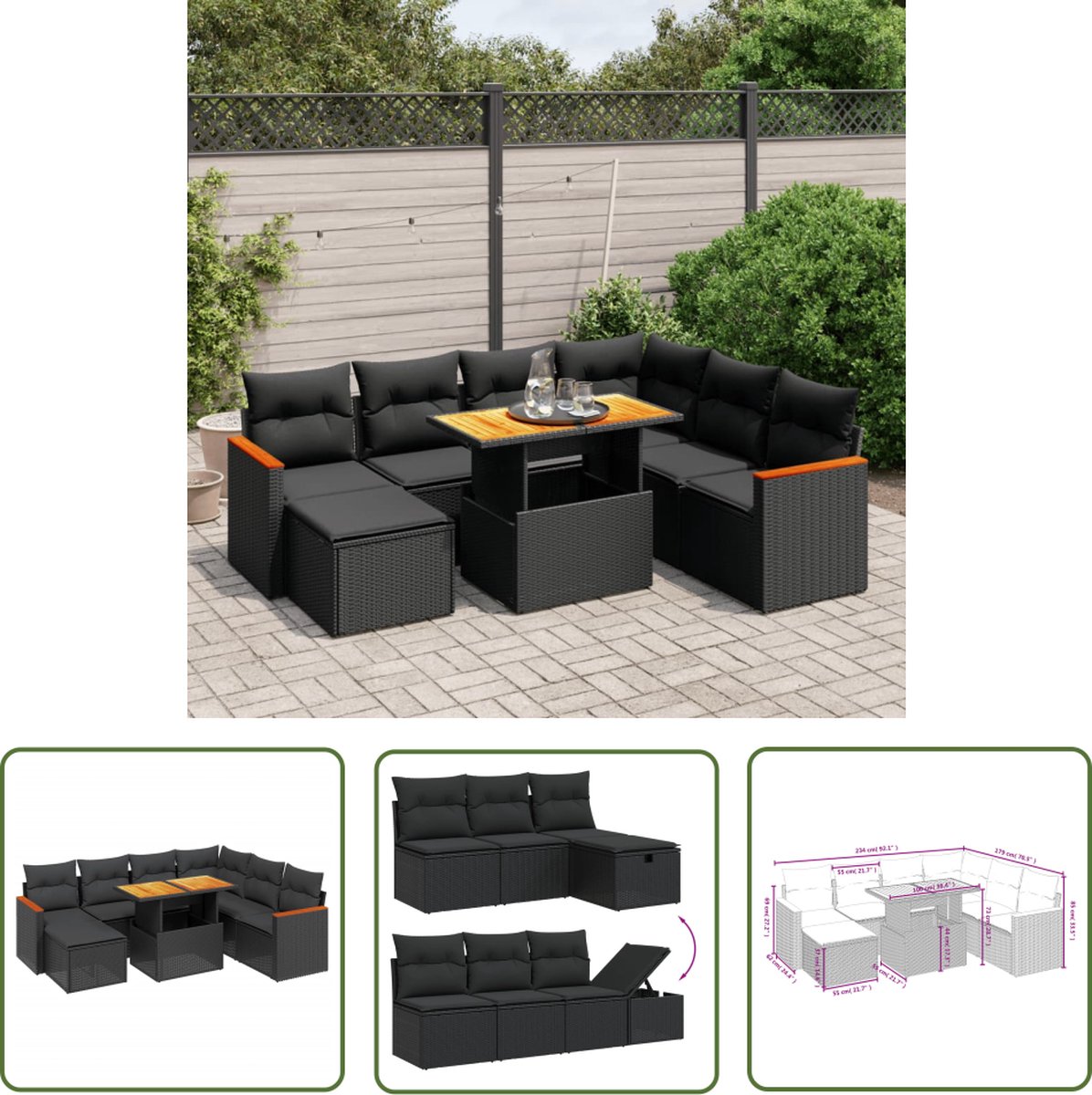 The Living Store 8-delige Loungeset met kussens poly rattan zwart - Loungebank - Tuinlounge - Buitendecoratie - Lounge Set - Outdoor Furniture