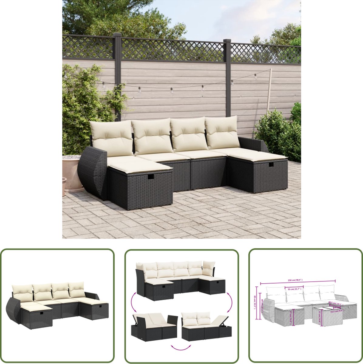 The Living Store 6-delige Loungeset met kussens poly rattan zwart - Loungeset - Tuinset - Buitendecoratie - Lounge - Relaxen