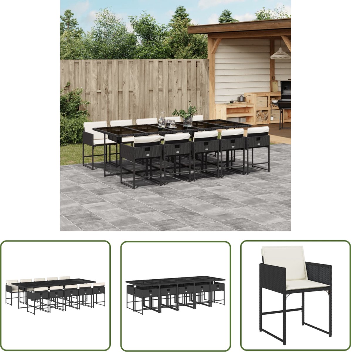 The Living Store 11-delige Tuinset met kussens poly rattan zwart - Tuinsets - Buitenmeubilair - Eetkamerset - Patio Set - Lounge Set