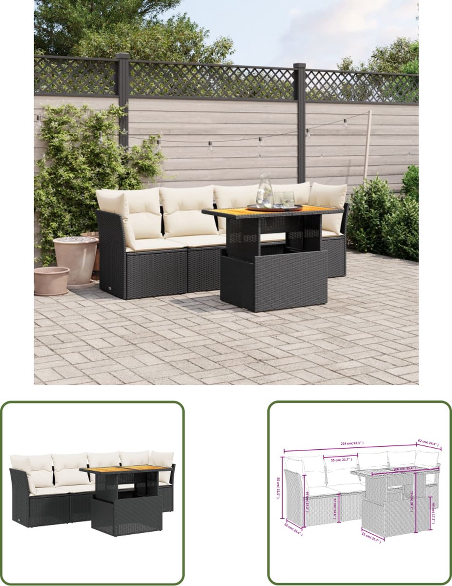The Living Store 5-delige Loungeset met kussens poly rattan zwart - Loungebank - Tuinset - Lounge Set - Buitendecoratie - Tuinmeubels