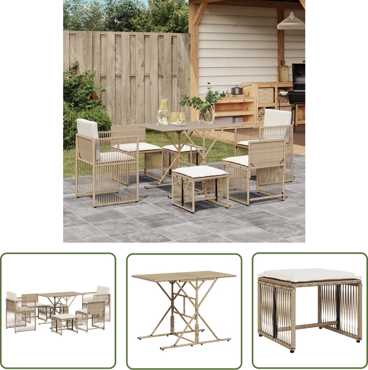 The Living Store 7-delige Tuinset met kussens poly rattan beige - Tuinset - Buitentijd - Lounge Set - Eetkamerset - Patio Furniture