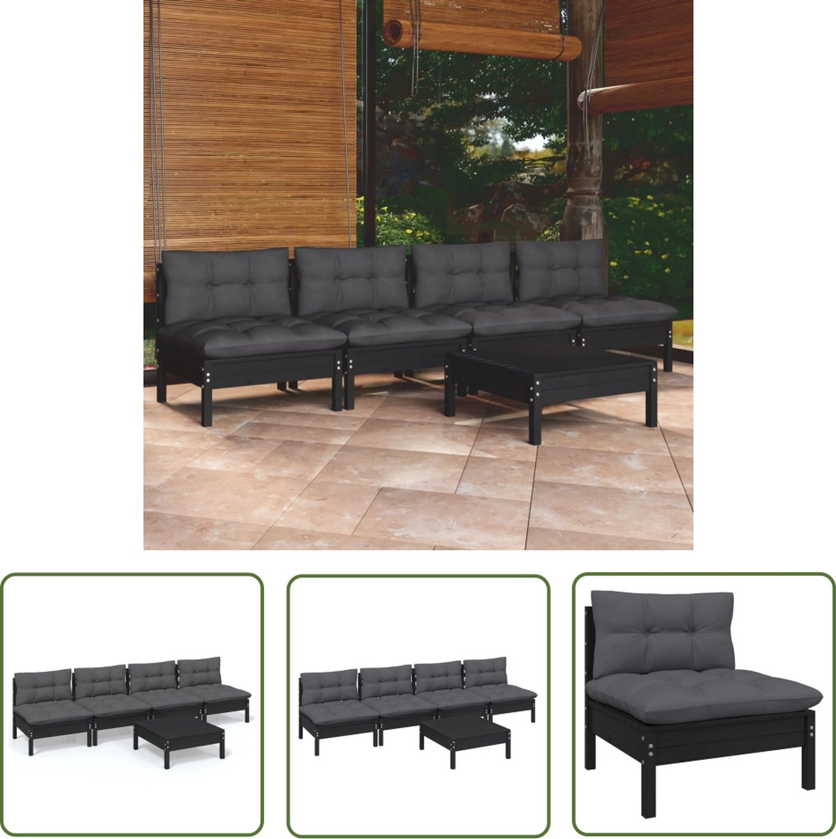 The Living Store 5-delige Loungeset met antracietkleurige kussens grenenhout
