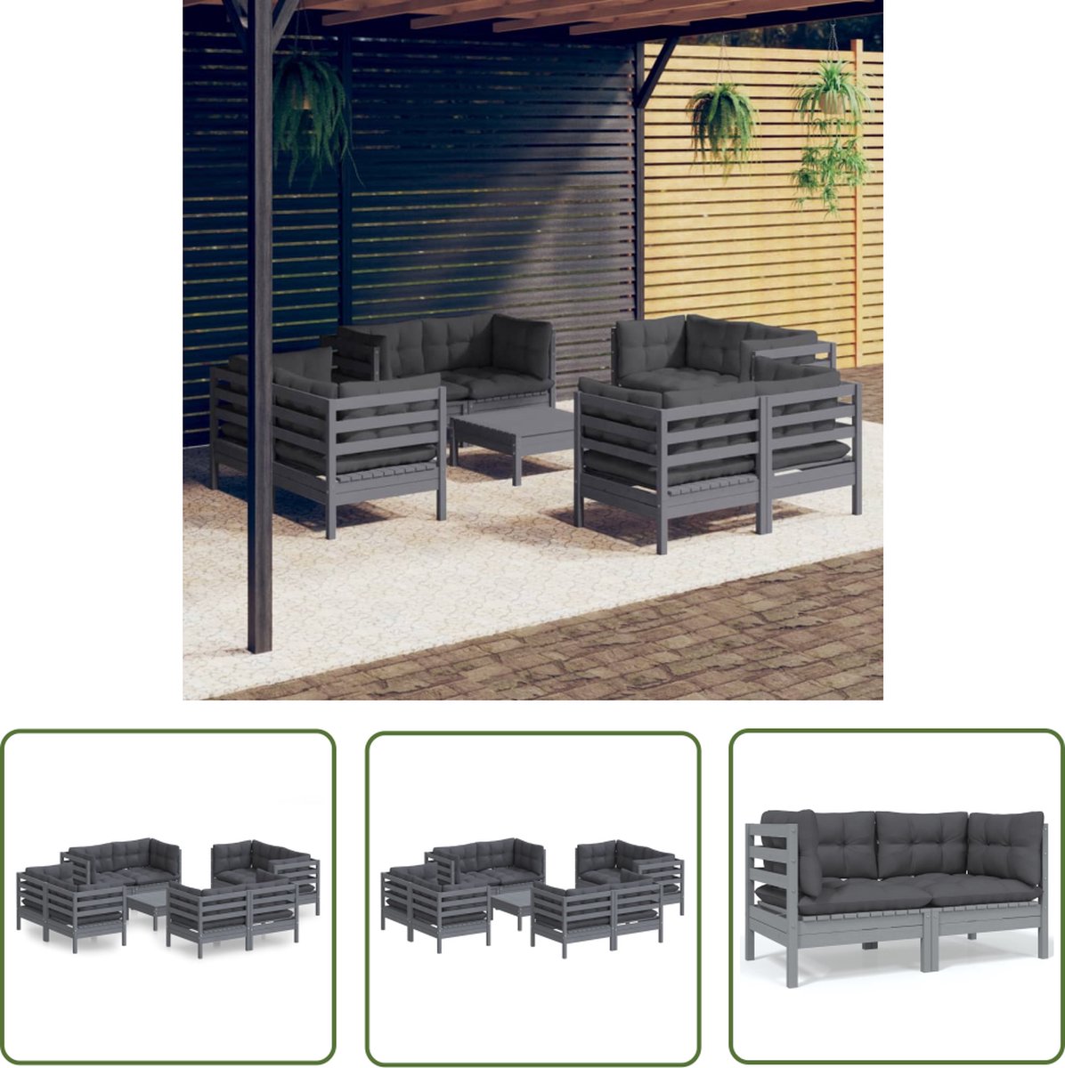 The Living Store 9-delige Loungeset met antracietkleurige kussens grenenhout - Loungeset - Tuinset - Houten Lounge - Tuinlounge - Loungestoel