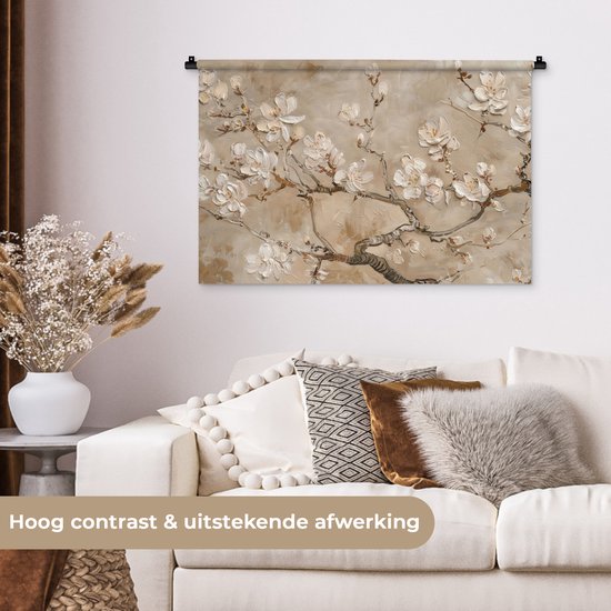 Wandkleed 90x60 cm - Wanddoek Bloemen - Modern - Beige - Wit - Bloesem - Wandtapijt - Wandkleden