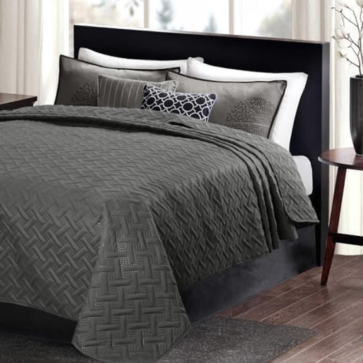 Bedsprei met geometrisch patroon, dekbedovertrek patchwork omkeerbaar, Zacht en aangenaam 240x260cm, Donkergrijs BWP5023dgr3