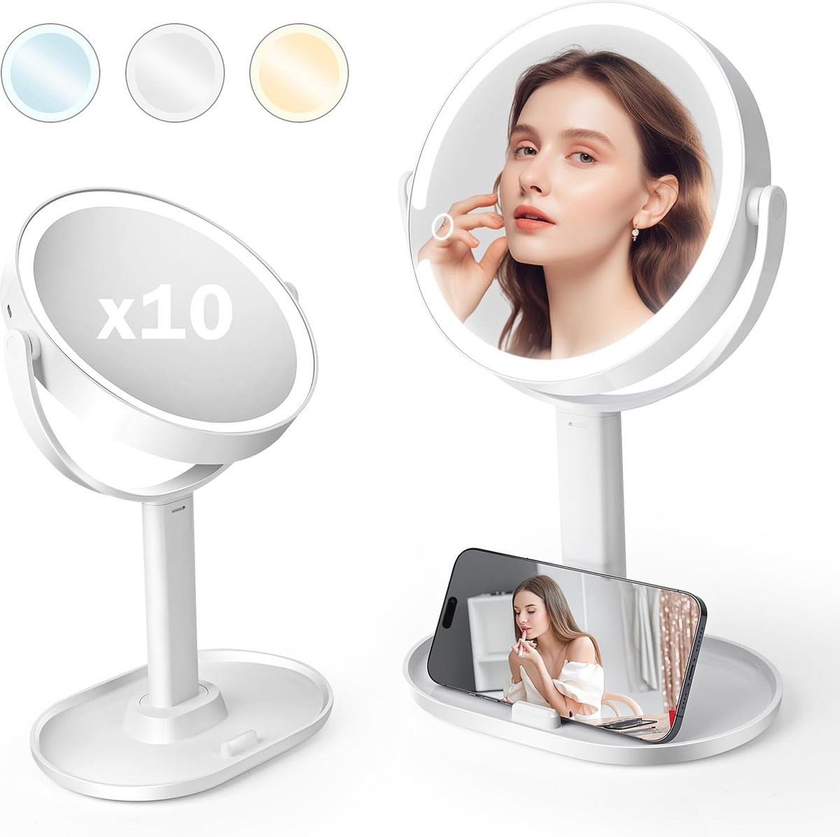 Verstelbare Make-up Spiegel met Draadloos Licht en 10x Vergroting