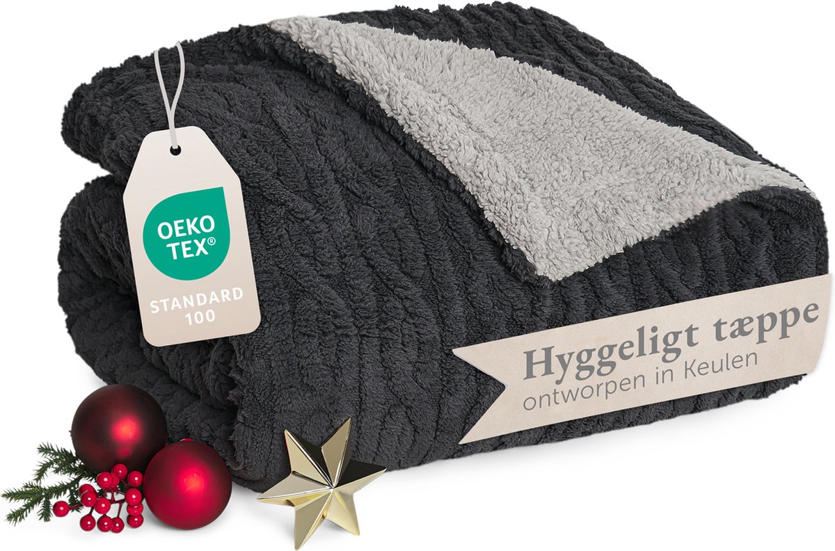 Blumtal Fleece Deken - Kabelgebreide look - 150x200 cm - Oeko-TEX gecertificeerd - Microvezel Fleece Deken - Zachte Sherpa Binnenkant - Antraciet en Grijs
