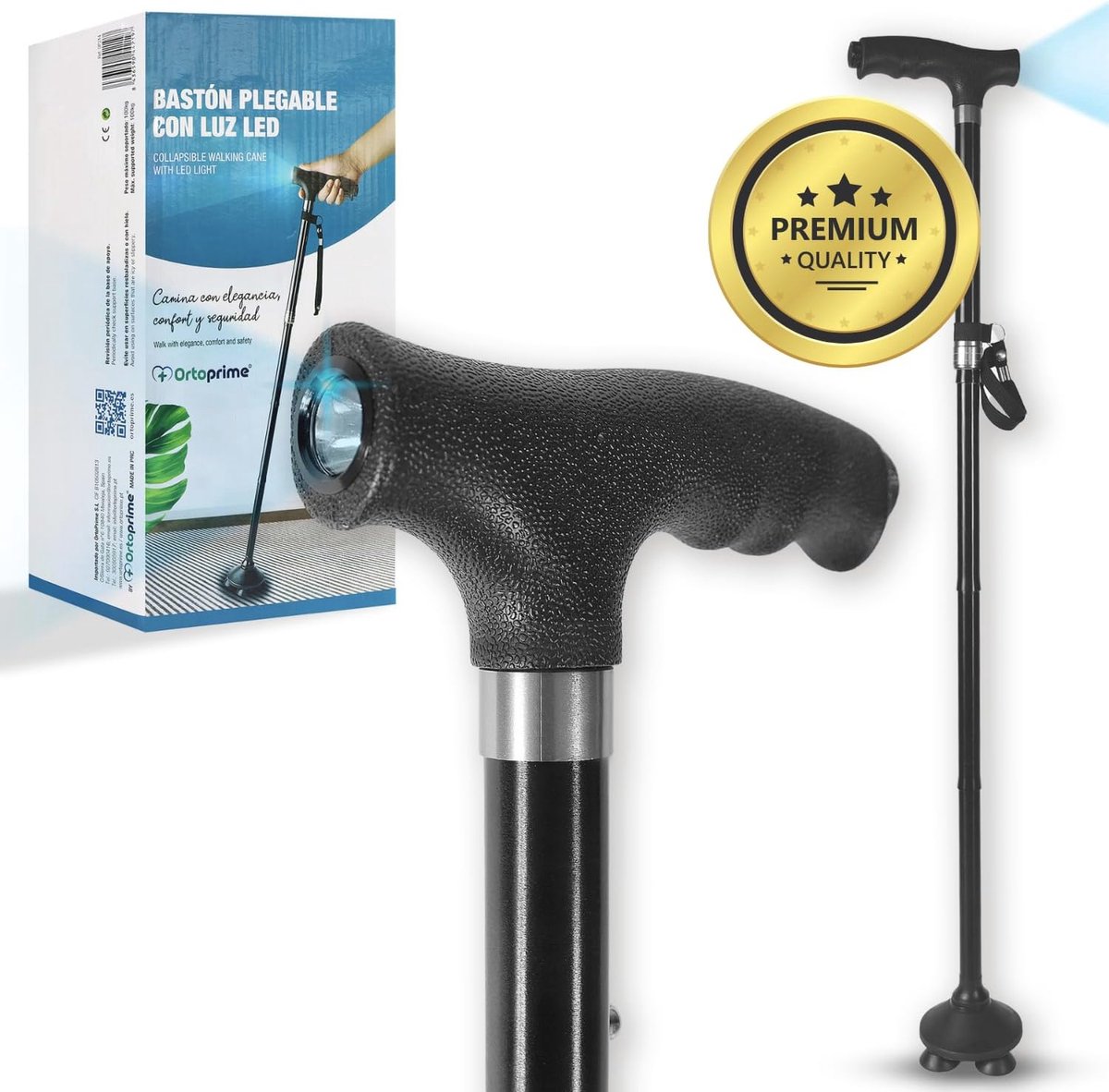 Opvouwbare wandelstok - In hoogte verstelbaar - Veilig lopen - Met ledlicht - 82-94 cm - Zwart