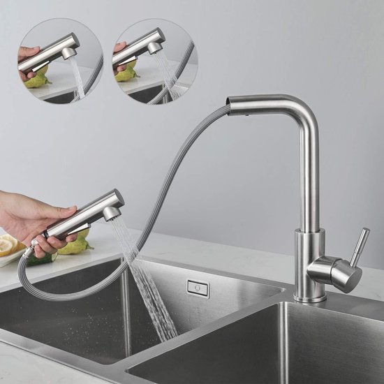 Kraan Keuken, Keukenkraan Met Sproeier, Uittrekbaar Voor De Keuken Eengreeps Uittrekbare Spoelbakarmatuur 1 Gat 360 Draaibaar Hogedruk L Vorm Zwart