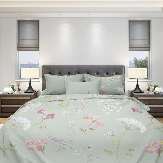 Beddengoed 135 x 200 cm, dekbedovertrek 2 pièces - parure de lit 135 x 200 cm avec 1 taie d'oreiller 80 x 80 cm, coton respirant avec fermeture éclair, parure de lit vert, gris, fleuri, doux et