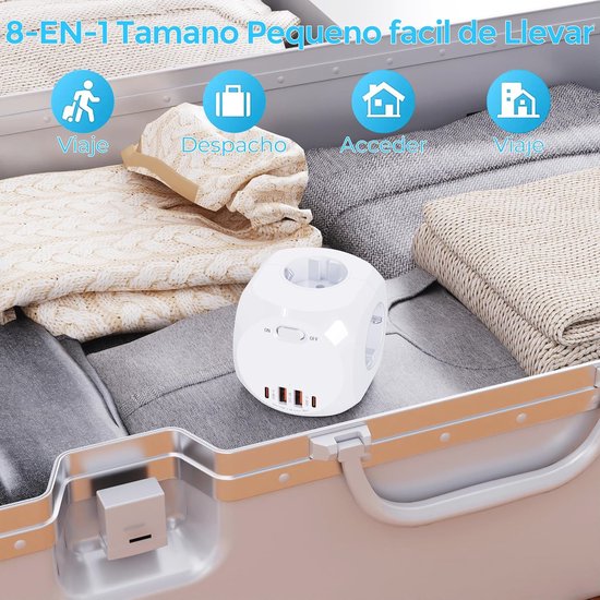 Treibo PD20W Stekkerkubus met 3 USB en platte stekker, 6-in-1 stekkerdoos, meervoudig stopcontact, kubus met 1,5 m kabel, Power Cube voor reizen, keuken, kantoor, wit