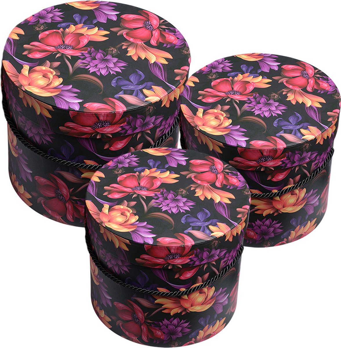 Clayre & Eef Opbergdoos Set van 3 Ø 23x20 / Ø 20x17 / Ø 17x14 cm Oranje Karton Bloemen