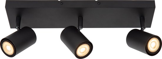 Plafonnier noir avec trois spots cylindriques orientables sur une base rectangulaire.