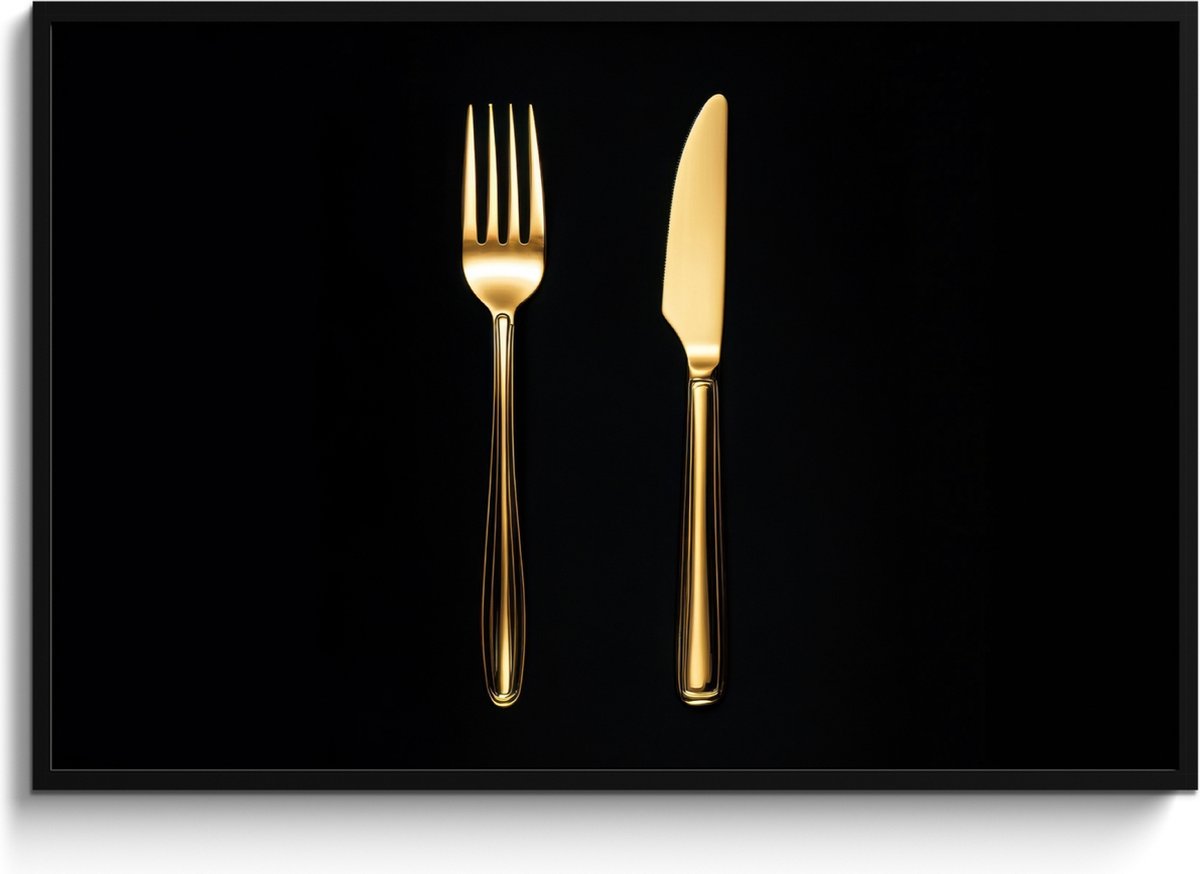 FrameYourWall Fotolijst inclusief poster - Posterlijst 120x80 cm - Posters - Bestek - Goud - Mes - Vork - Foto in lijst - Keuken decoratie muur - Wanddecoratie accessoires - Muurdecoratie - Schilderijen