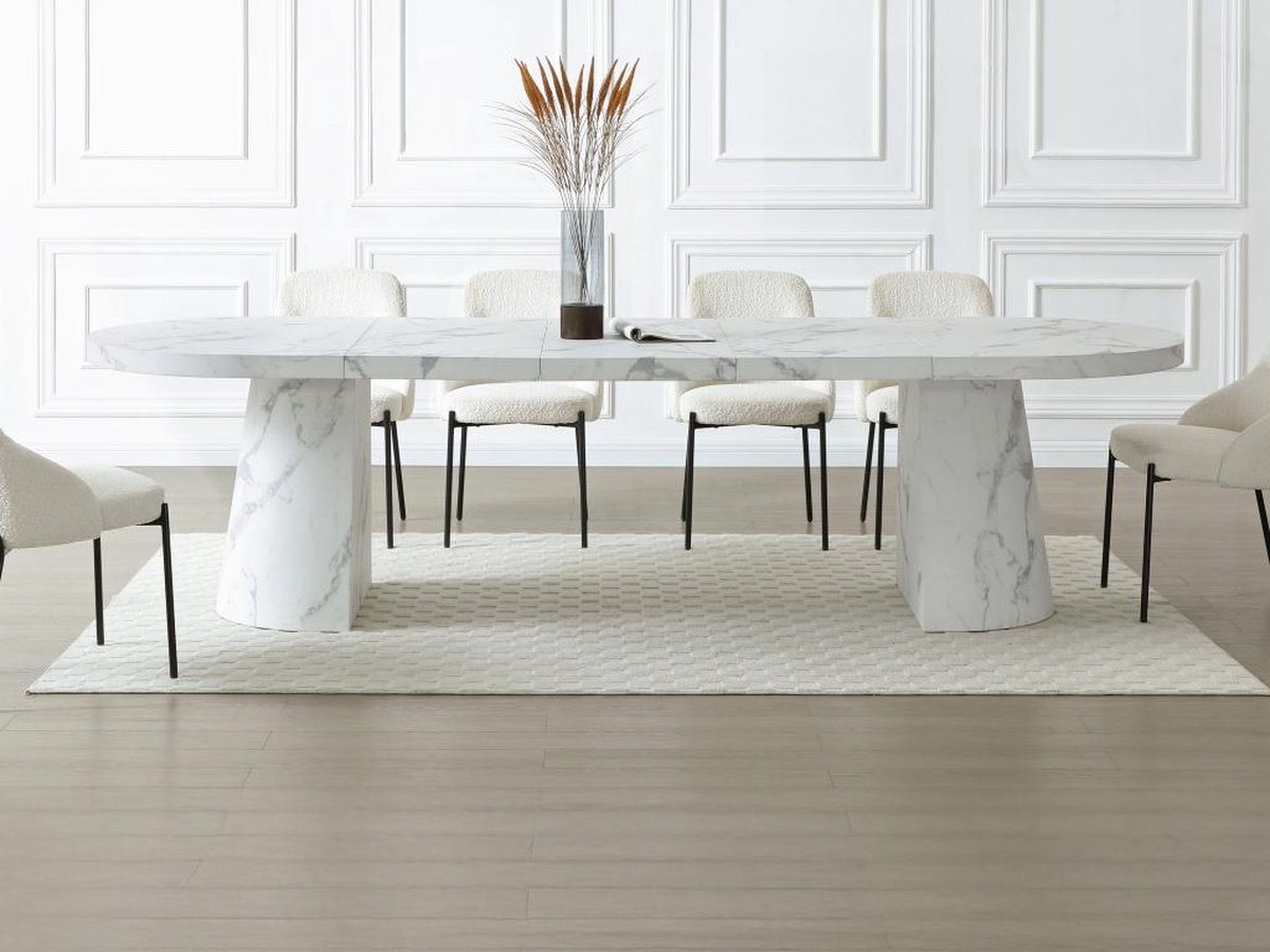 Vente-unique Uitschuifbare eettafel 6 tot +12 personen van MDF - Wit marmereffect - CLOEVA