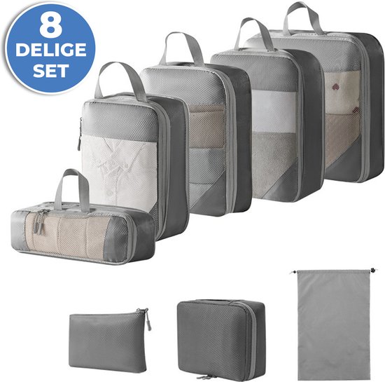 Compression Cubes - Koffer Organizer Set - 8-delig - Kleding en Bagage Organizer - Compressie - Travel Cubes - Reis Accessoires - Voor Tassen en Backpacks - Grijs
