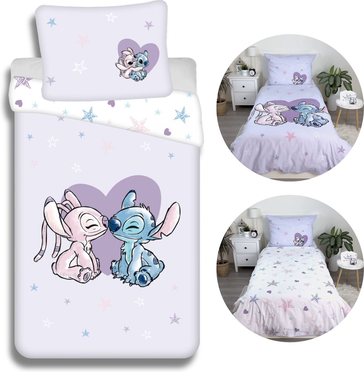Disney Angel en Stitch Beddenset met rits, 100% katoen, zacht, voor kinderen 140x200 cm, Oeko-Tex