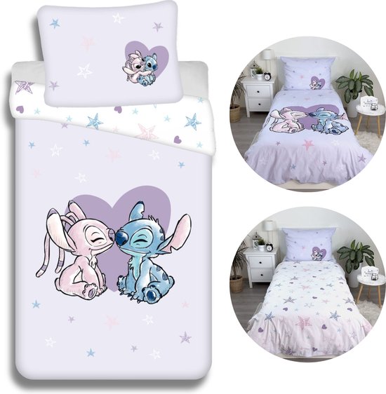 Disney Parure de lit Angel et Stitch avec fermeture éclair, 100% coton, doux, pour enfant 140x200 cm, Oeko-Tex