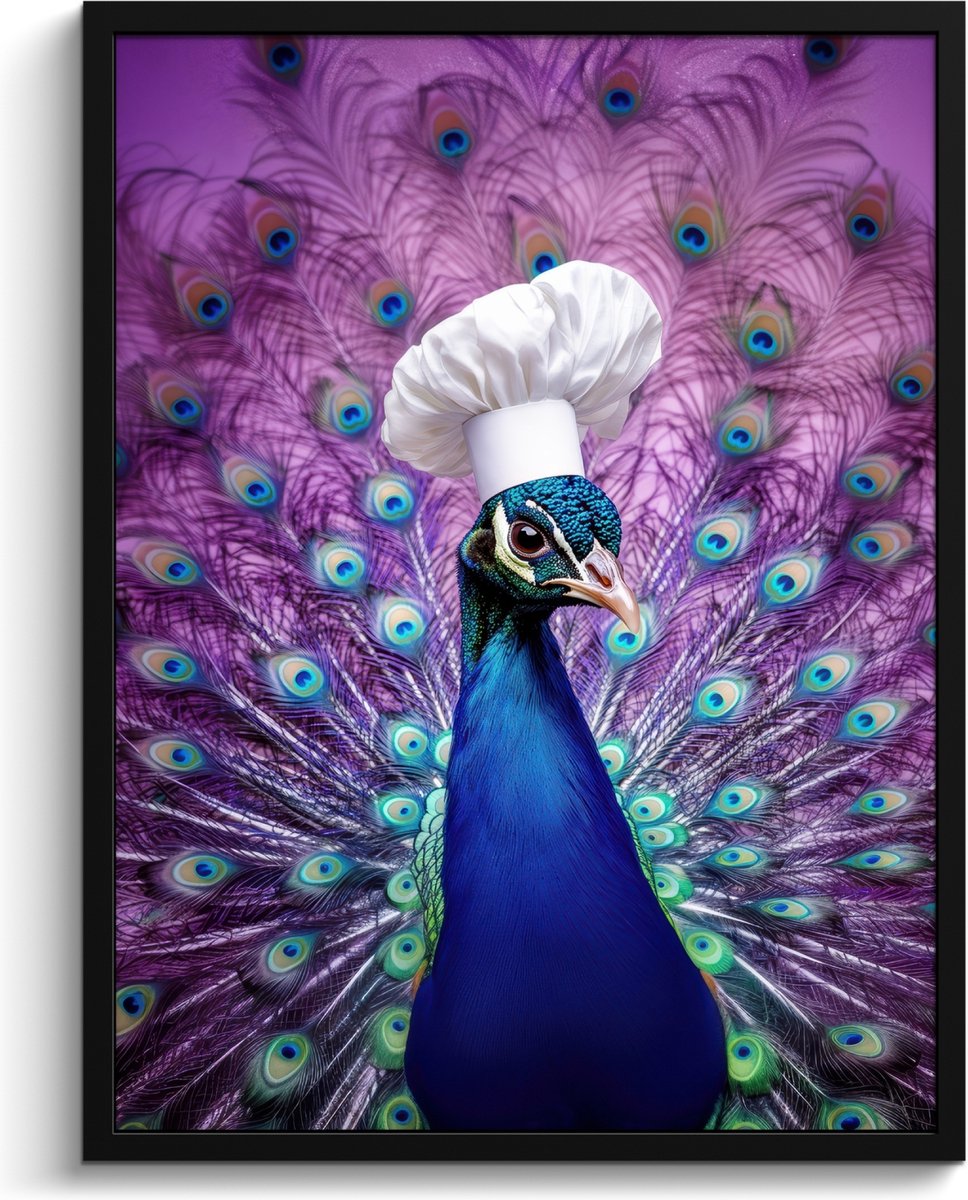 FrameYourWall Fotolijst inclusief poster - Posterlijst 60x80 cm - Posters - Pauw - Koksmuts - Cool - Paars - Foto in lijst - Keuken decoratie muur - Wanddecoratie accessoires - Muurdecoratie - Schilderijen Koksmuts - Pauw
