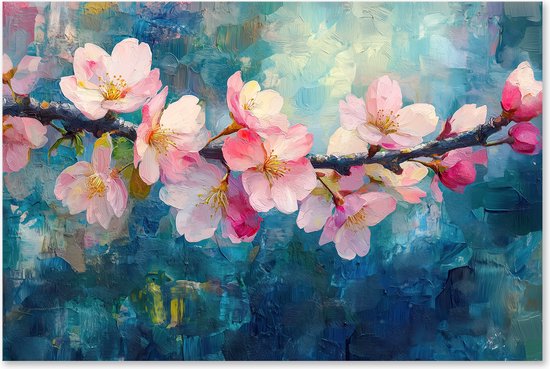 Graphic Message - Tuin Schilderij op Outdoor Canvas - Kersen Bloesem Blauw - Kersenbloesem - Roze Bloemen - Bloem - Buiten - Schutting - Waterbestendig - Waterdicht - Turquoise - Natuur - Tuinposter op houten frame