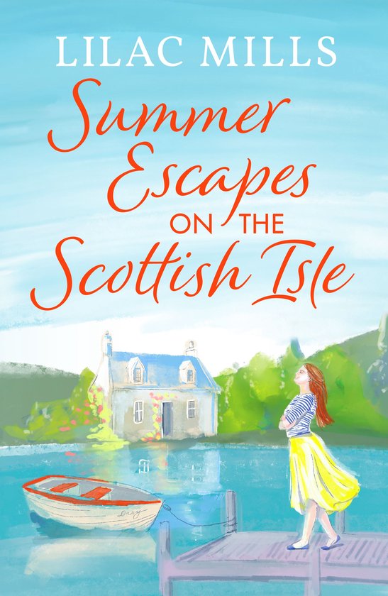 Boek 'Summer Escapes on the Scottish Isle' met een illustratie van een vrouw op een steiger, een bootje in het water en een huisje op de achtergrond.