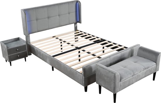 Foto: Merax compleet slaapkamer set modern gestoffeerd bed met 16 kleuren led verlichting 1 nachtkastje en bedbank 140x200 cm grijs fluweel