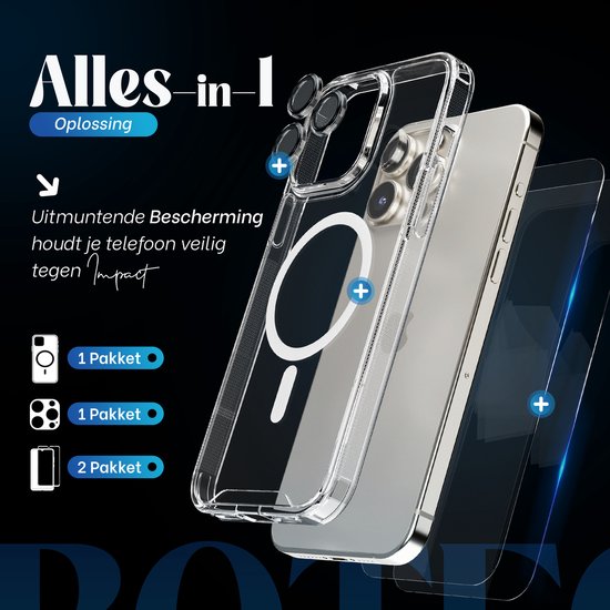 Coque pour iPhone 16 Pro Transparente - 2x Protecteur d'écran en verre trempé iPhone 16 Pro - Protecteur lens d'appareil photo - Housse en silicone anti-choc MagSafe