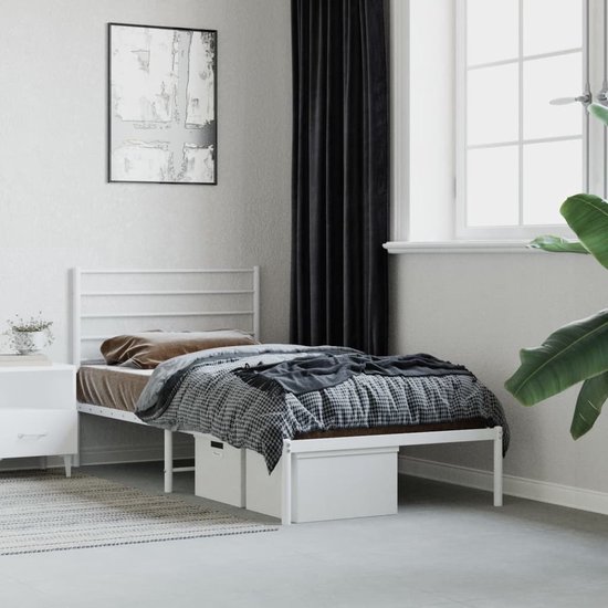 Cadre de lit avec tête de lit en métal blanc The Living Store 100x200 cm - Cadre de lit robuste - Cadre de lit en métal - Cadre de lit Wit - Lit simple - Cadre à sommier tapissier