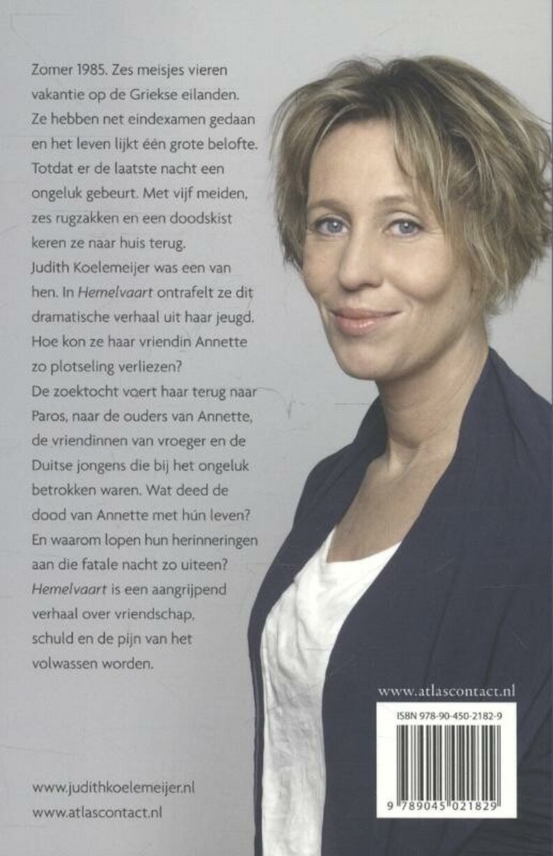 Achterkant boek met portret van Judith Koelemeijer, titel 'Hemelvaart', ISBN en website.