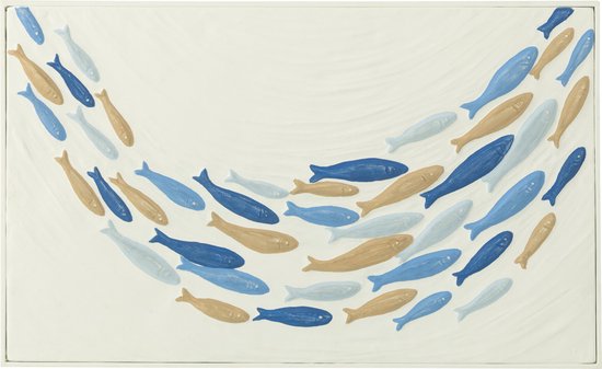 Panneau décoratif avec un banc de poissons bleus et beiges nageant en arche sur un fond blanc cassé.