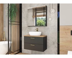 Pro-meubels - Badkamermeubel set Lacroix - Zwart mat - Eiken - 80cm - Badmeubel met Waskom en spiegel